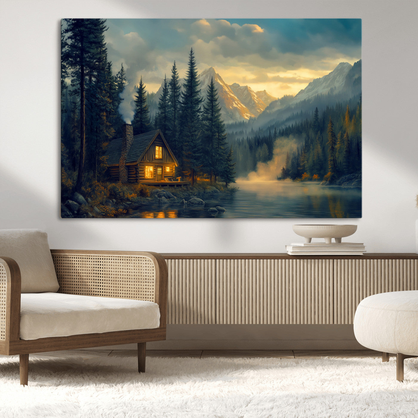 Mountain Cabin by the Lake at Sunset Wall Art - Serene