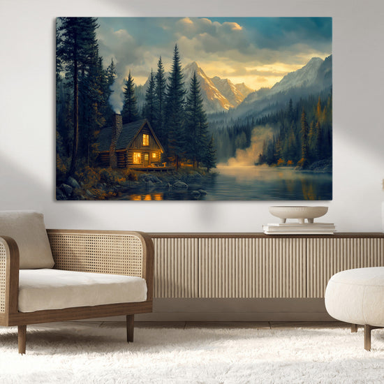 Mountain Cabin by the Lake at Sunset Wall Art - Serene