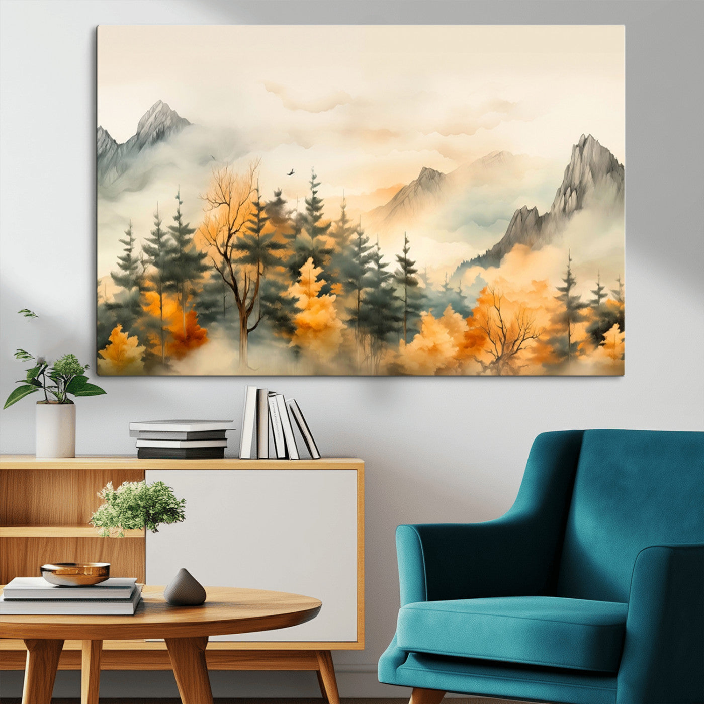 Abstract Watercolor Mountains and Trees Autumn Art,