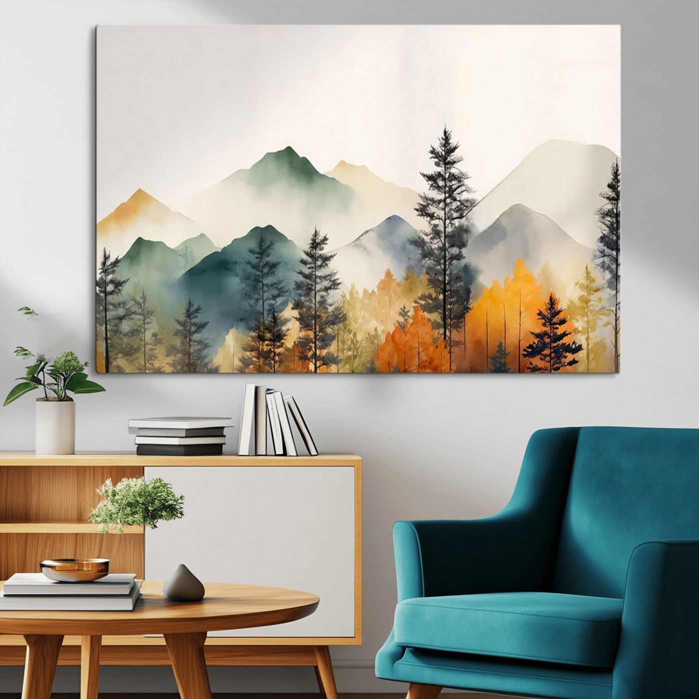 Abstract Watercolor Mountains and Trees Autumn Wall Art,