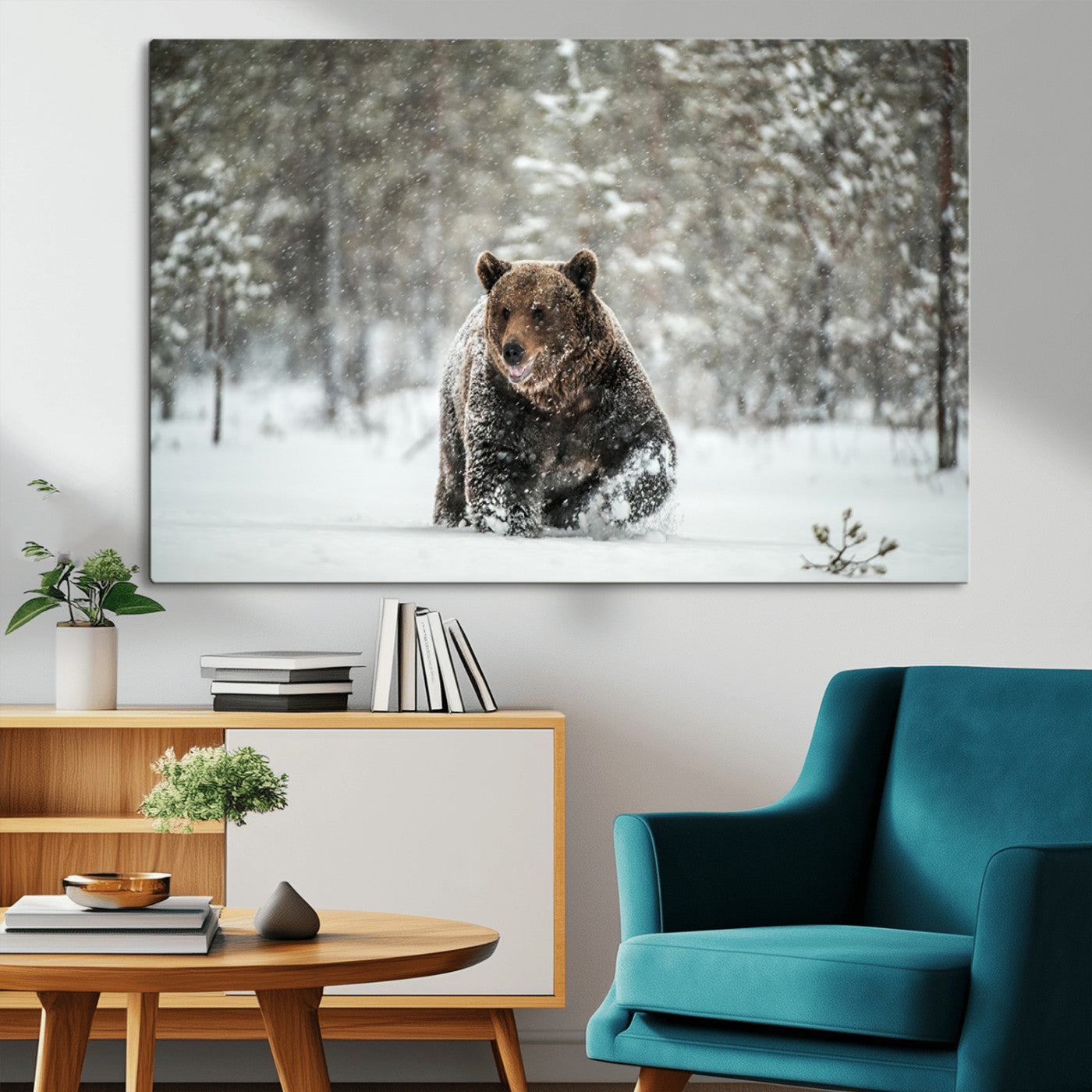Grizzly Bear Wall Art – Framed Snowy Forest Canvas Artwork,