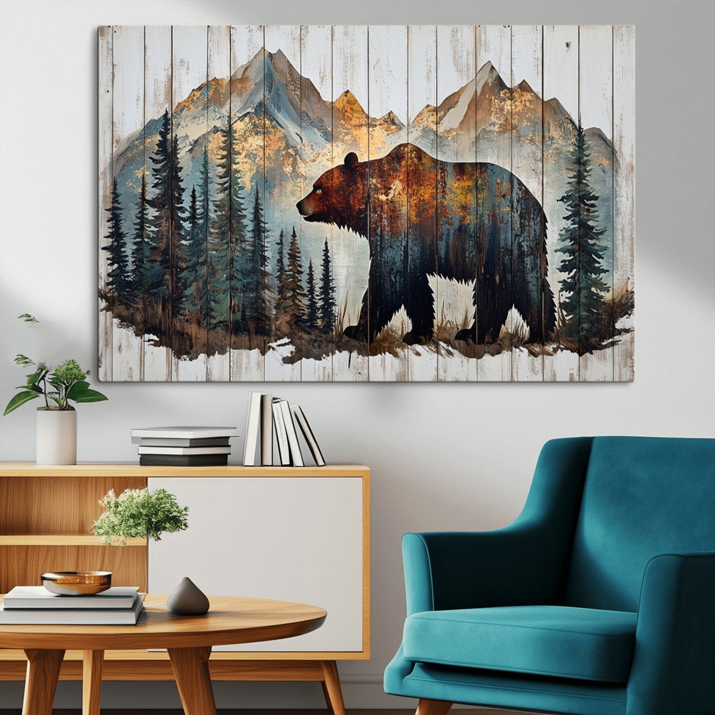 Rustic Grizzly 399 Bear and Mountain Wood Canvas Wall Art -