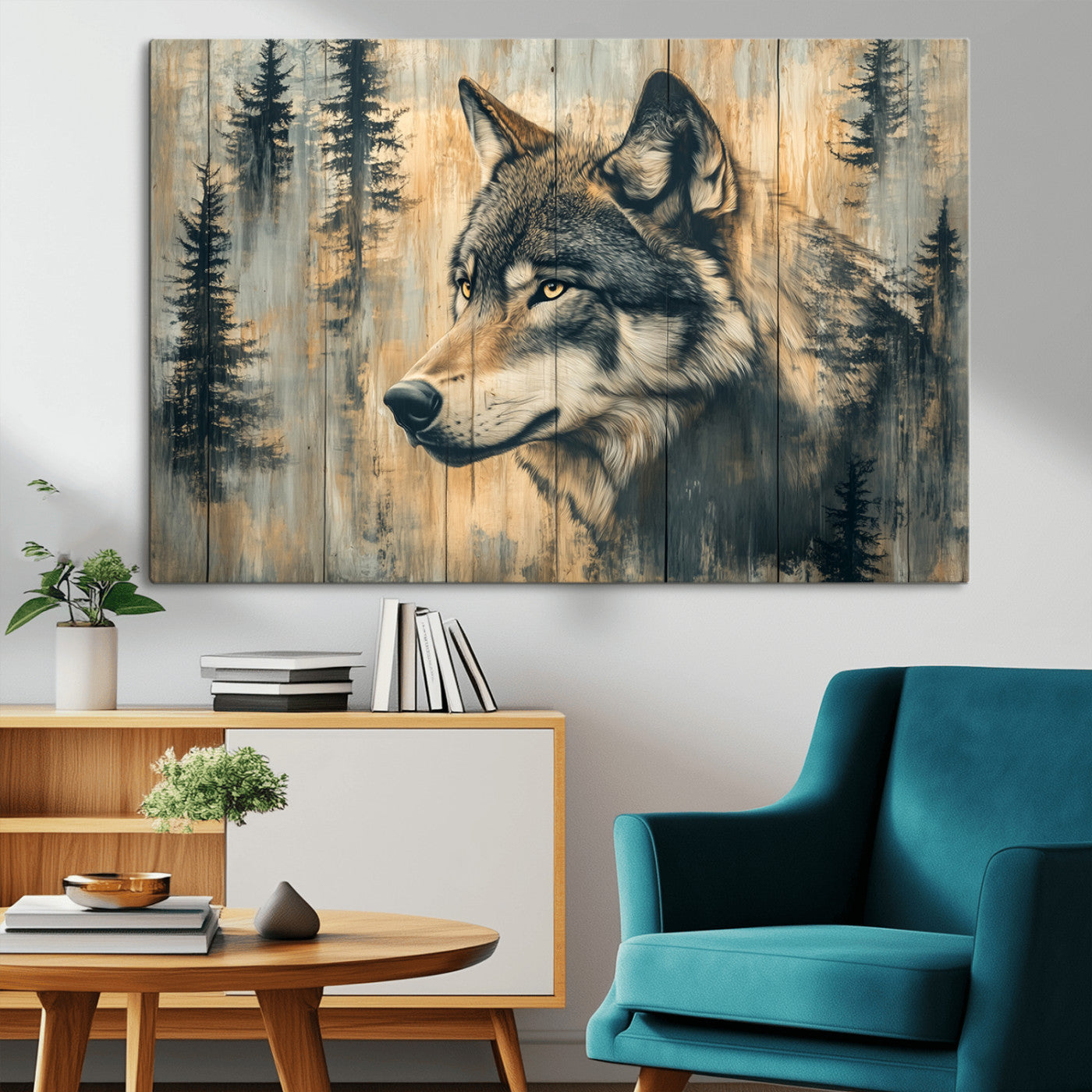 Wood Style Rustic Wolf Wall Art Canvas Print, Vintage