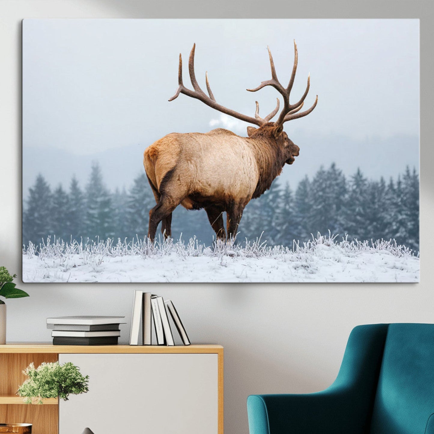 Majestic Elk Snowy Forest Wall Art Canvas Print – Winter