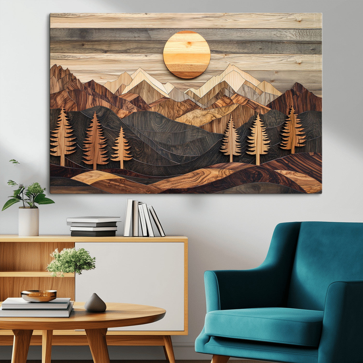 Wooden Mountain Layers Art – Rustic Pine Tree Landscape