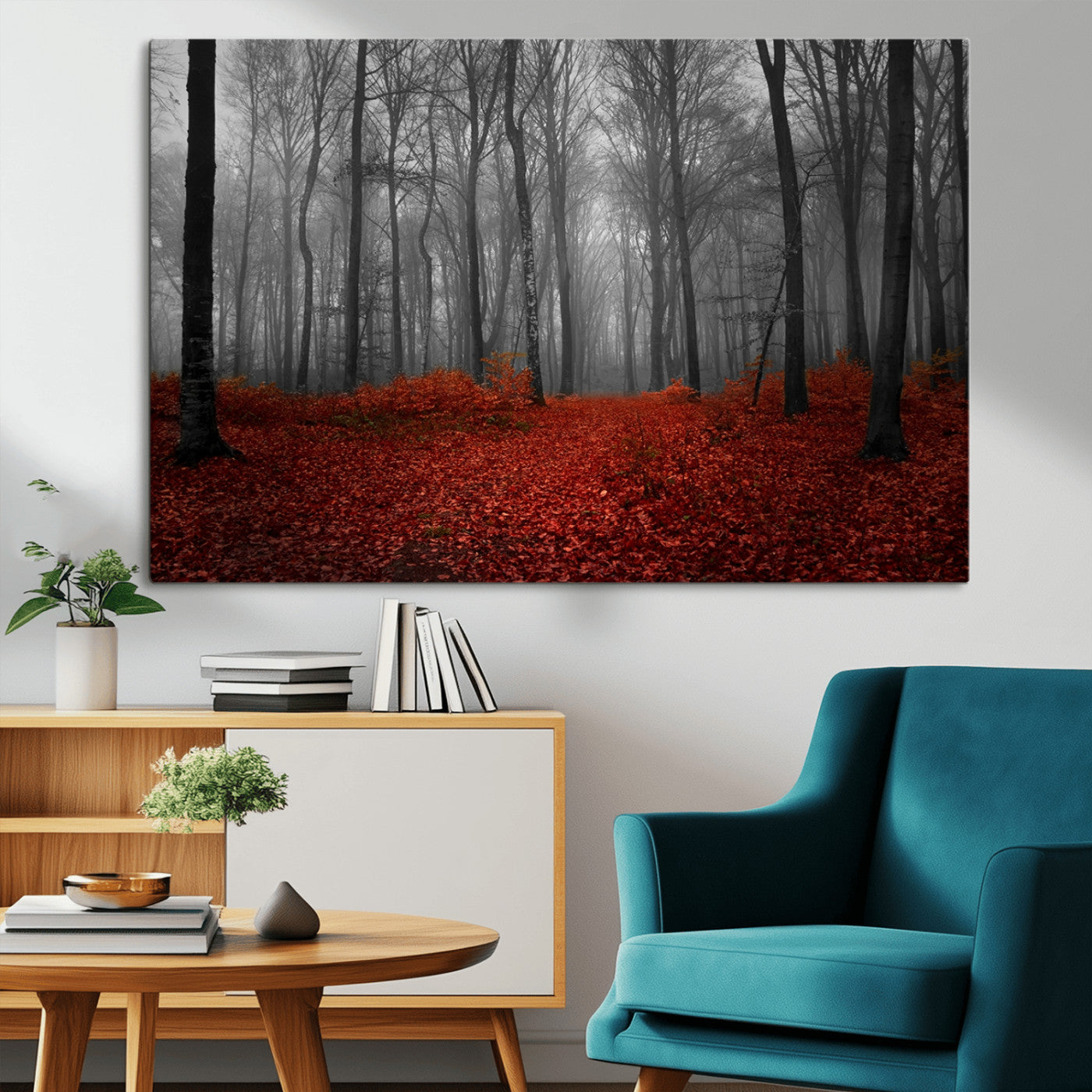 Red Forest Floor Canvas Wall Art – Mystical Foggy Woodland