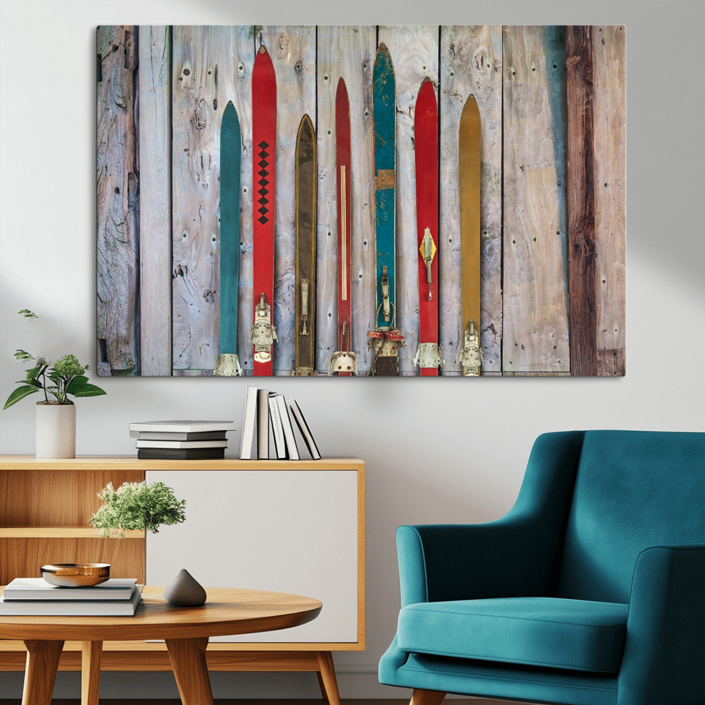 Vintage Wooden Weathered Ski's in Front of an Old Barn Wall
