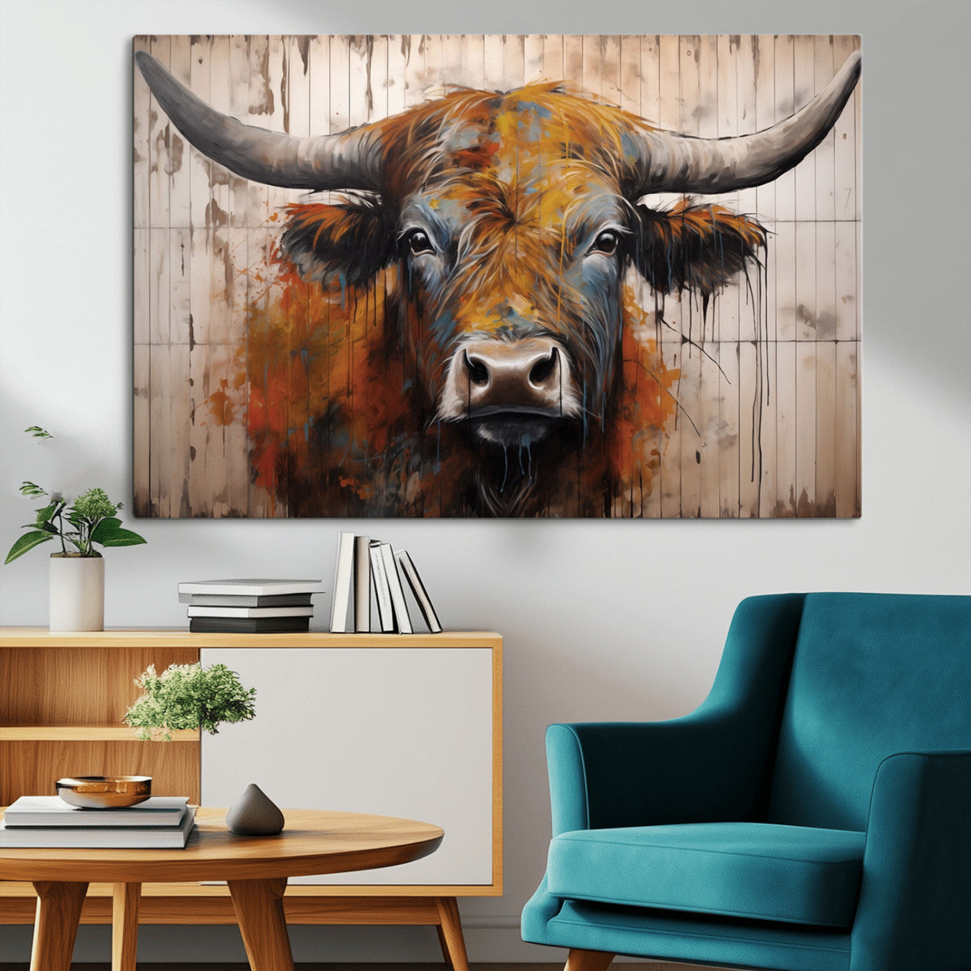 Scottish Highland Cow Cattle Art Print on Wood Style