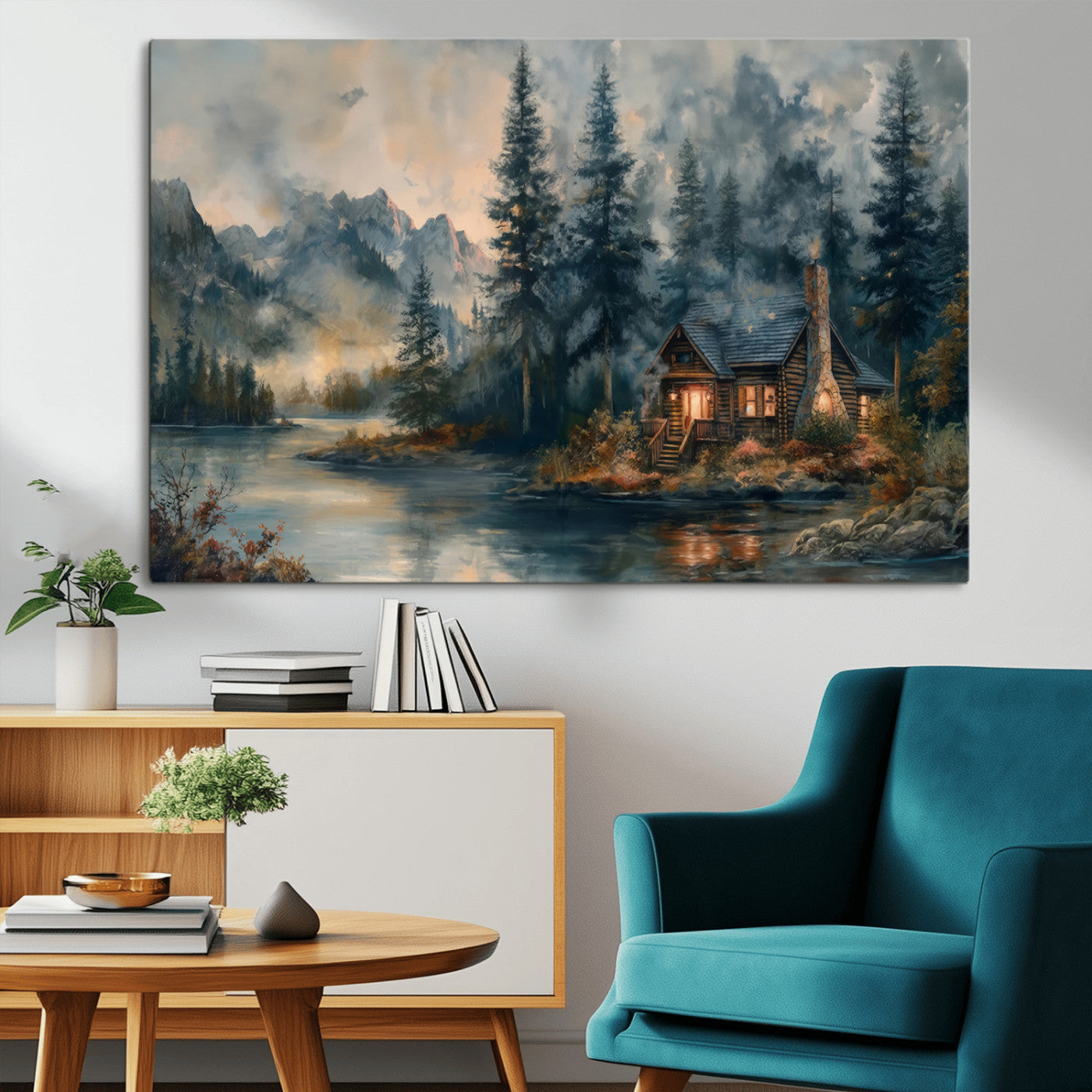 Rustic Cabin Woods Wall Art Print | Lake in a Forest Canvas
