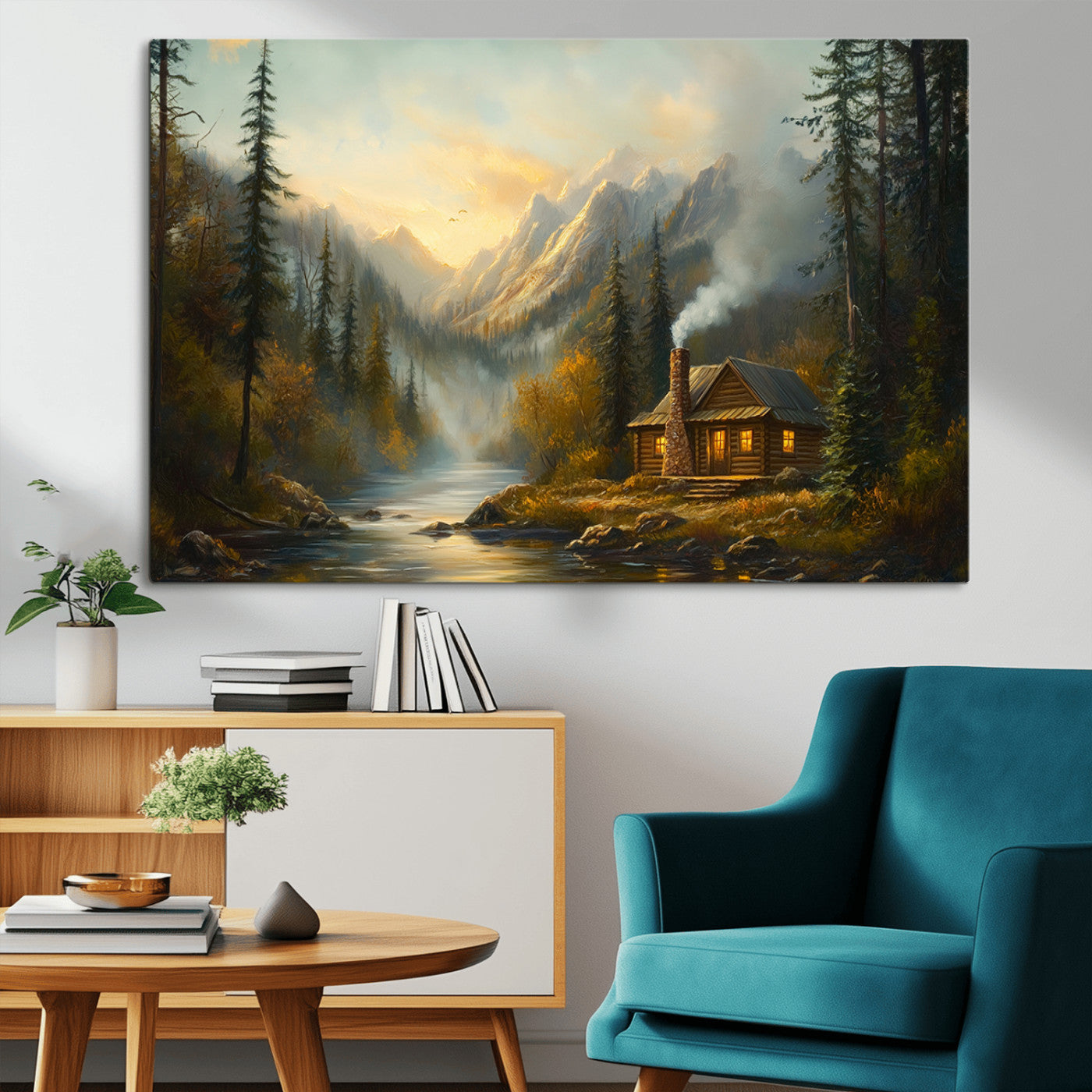 Wood Cabin Retreat Mountain at Sunset Wall Art Print -