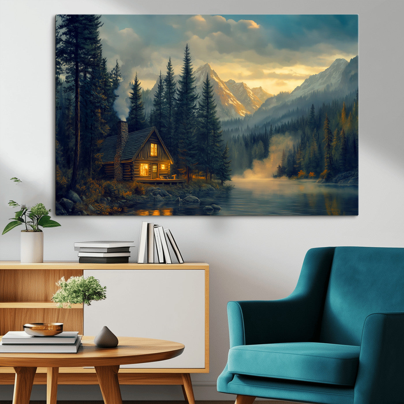 Mountain Cabin by the Lake at Sunset Wall Art - Serene