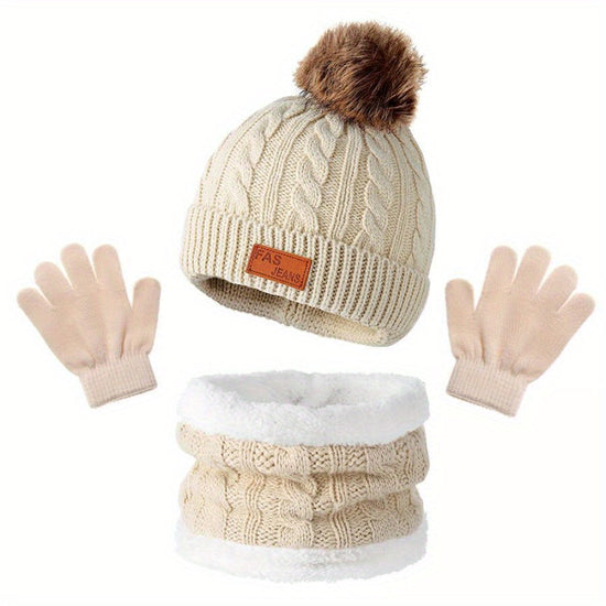 Cozy Youngsters' Beige Knit Hat, Scarf & Gloves Set with Pom-Pom – Soft Acrylic, Warm & Stylish Winter Fashion for Kids