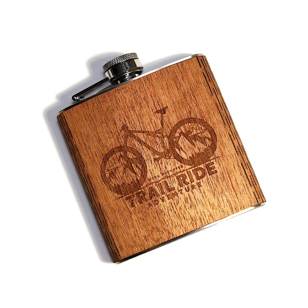 6 oz. Wooden Hip Flask – Bicycle with Mountain Scene | Trail Ride Collection
