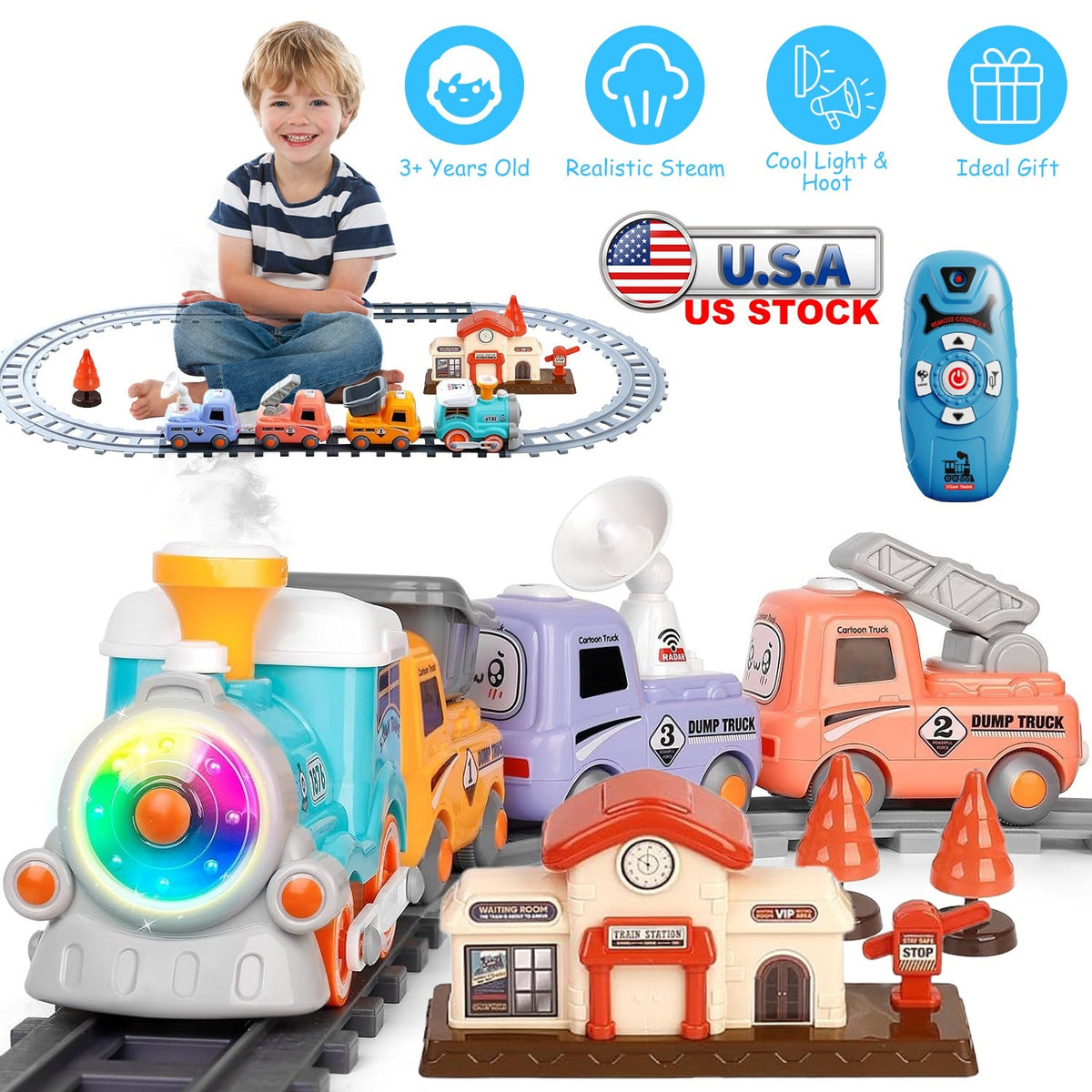 Electric Train Set with Smokes Light Sound Remote Magnetic Train Toys with Locomotive 3 Trucks Gifts for Kids Aged 3 4 5 6 Year Old