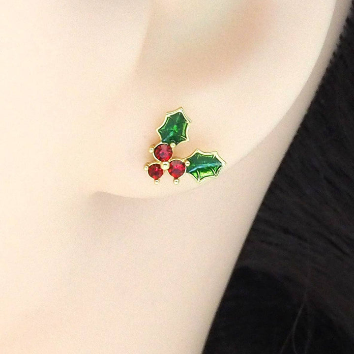Gold Colorful CZ Leaf Flower Christmas berries Stud Earrings, Sku#Y794