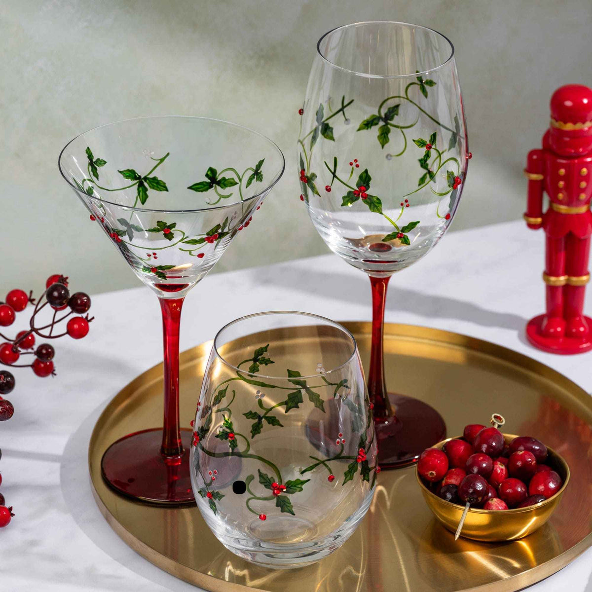 Christmas Holly Stemless Wine Glasses