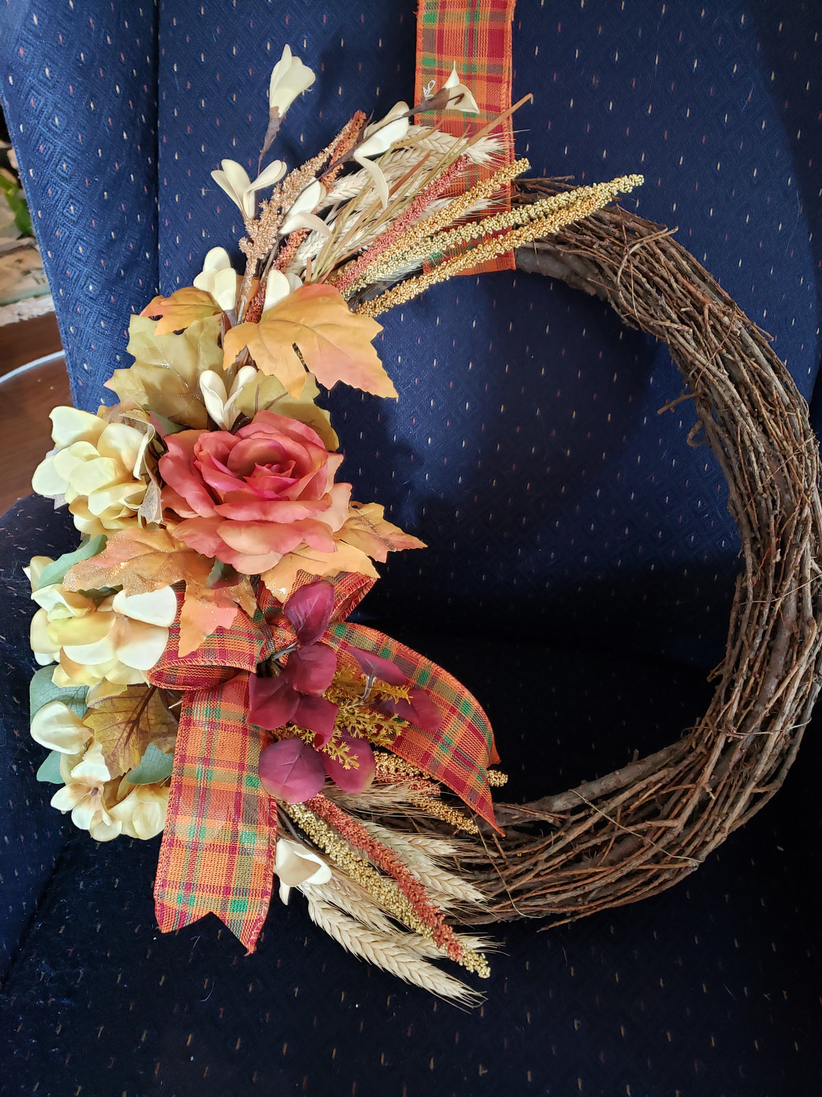 Fall Wreath Vine 20" Orange Rose, Orange Plaid Ribbon Cream Foliage