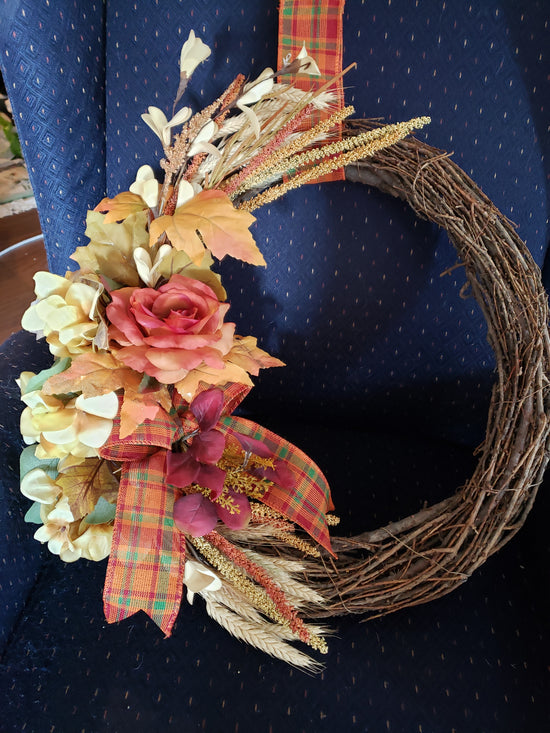 Fall Wreath Vine 20" Orange Rose, Orange Plaid Ribbon Cream Foliage