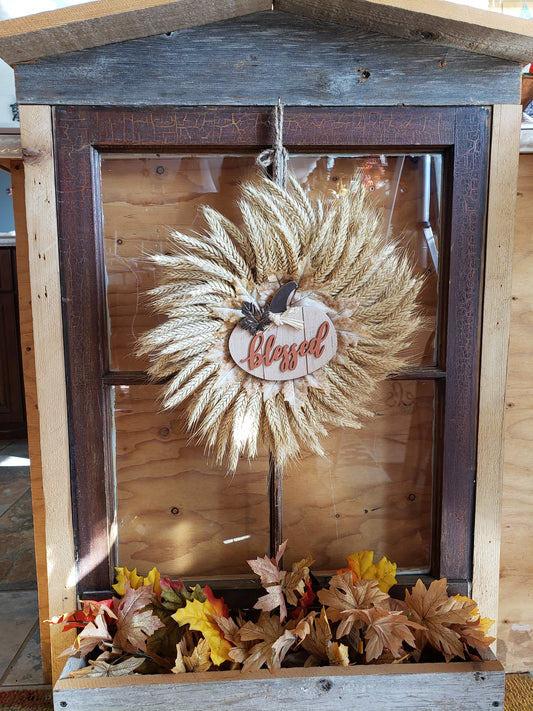 Fall Wreath Vine 15" White Wheat, Blessed Pumpkin and Maple Leaf