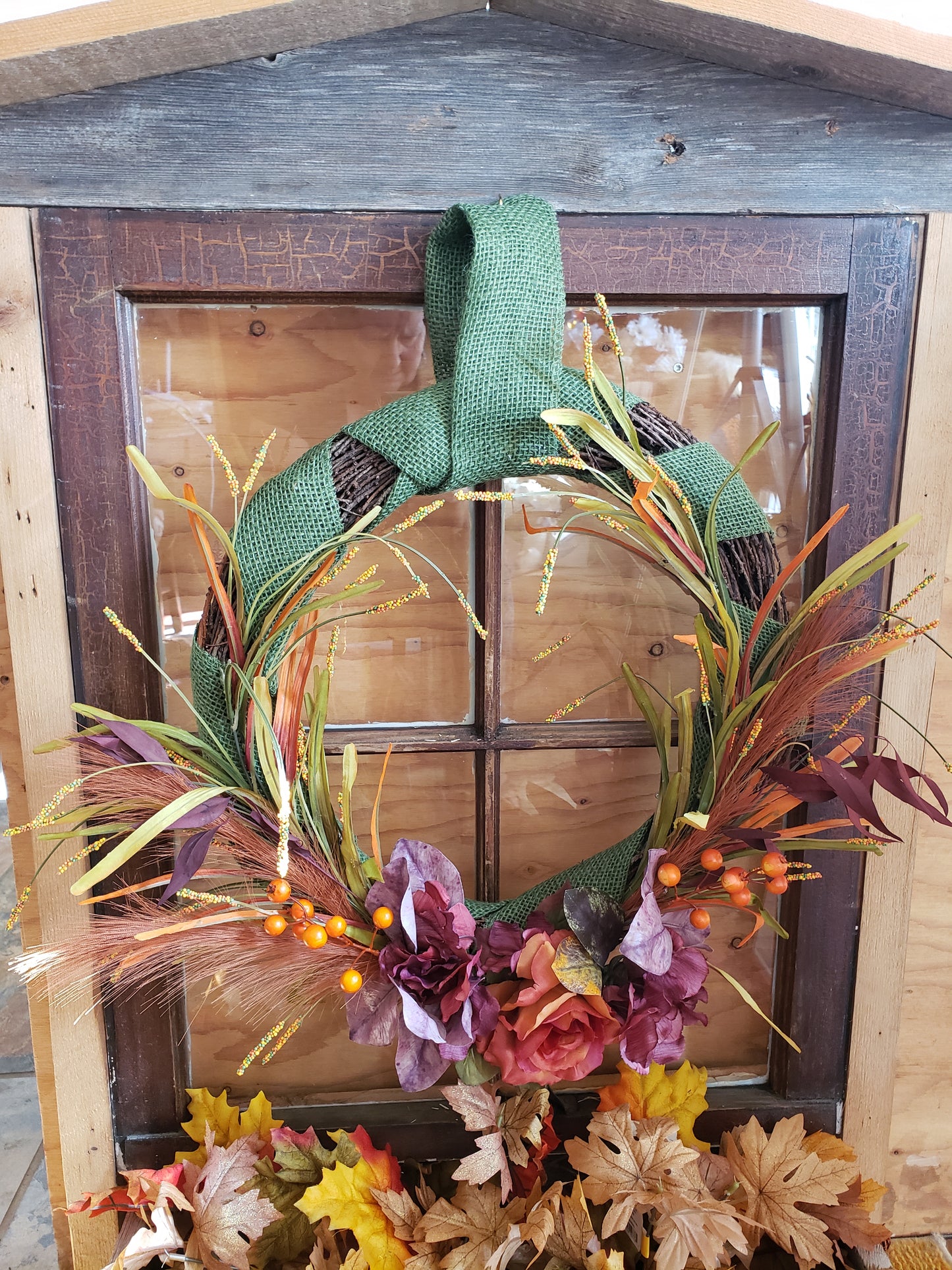 Fall Wreath 20" Orange Rose and Berries with Grasses