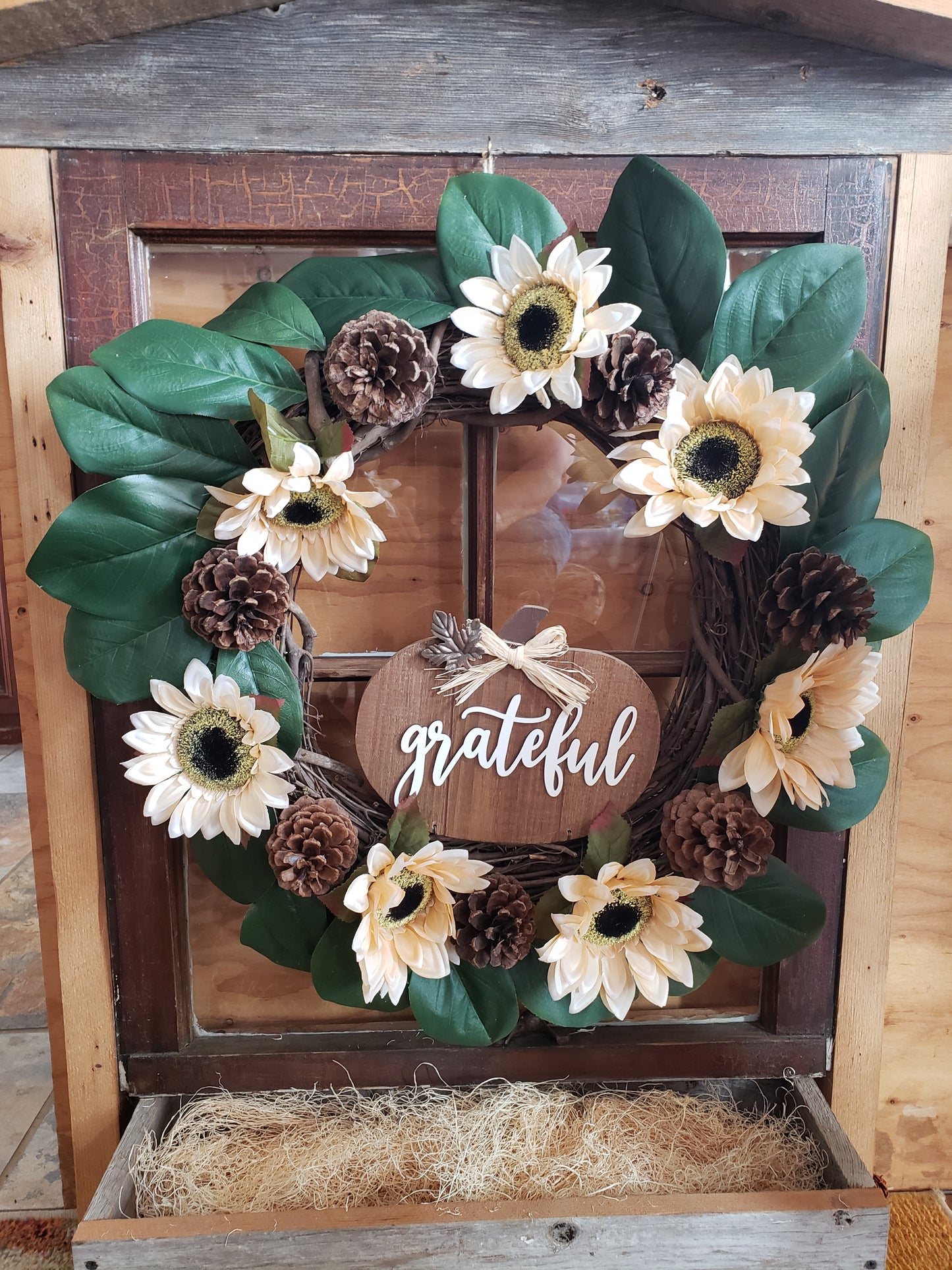 Fall Wreath 20" Grateful, White Daisies, Pinecones & Pumpkin