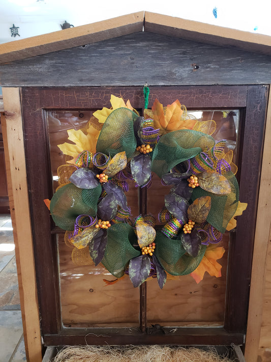 Decorative wreath Green Mesh with Orange Berries and Orange & Purple Leaves 