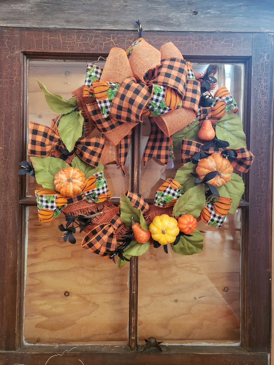 Fall Wreath Vine Black and Orange Jute Ribbon, Multi Color Pumpkins