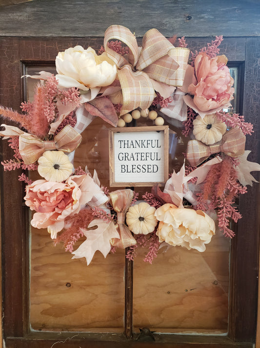 Fall Wreath Vine Cream and Pink Flowers , Ribbon and Cream Pumpkins