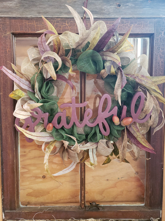 Fall Wreath, Green Mesh, Purple Grateful, Wispy Cream Leaves 20 inch