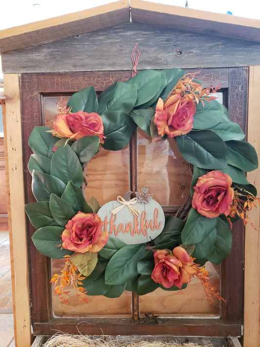 Fall Wreath 22" Thankful Pumpkin, Roses and Magnolia Leaves