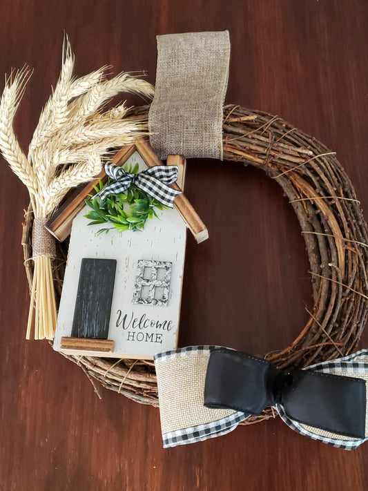 Fall Wreath - Welcome Home House, Wheat, Black & White Plaid Jute