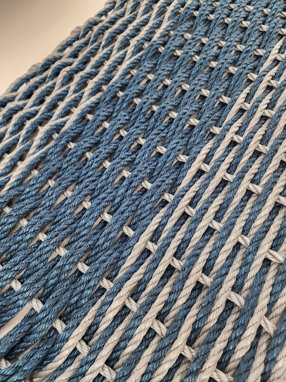 Large Navy Blue and Light Gray Lobster Rope Mat made with Lobster Rope, Double Weave, Vibrant, Long Lasting Durable