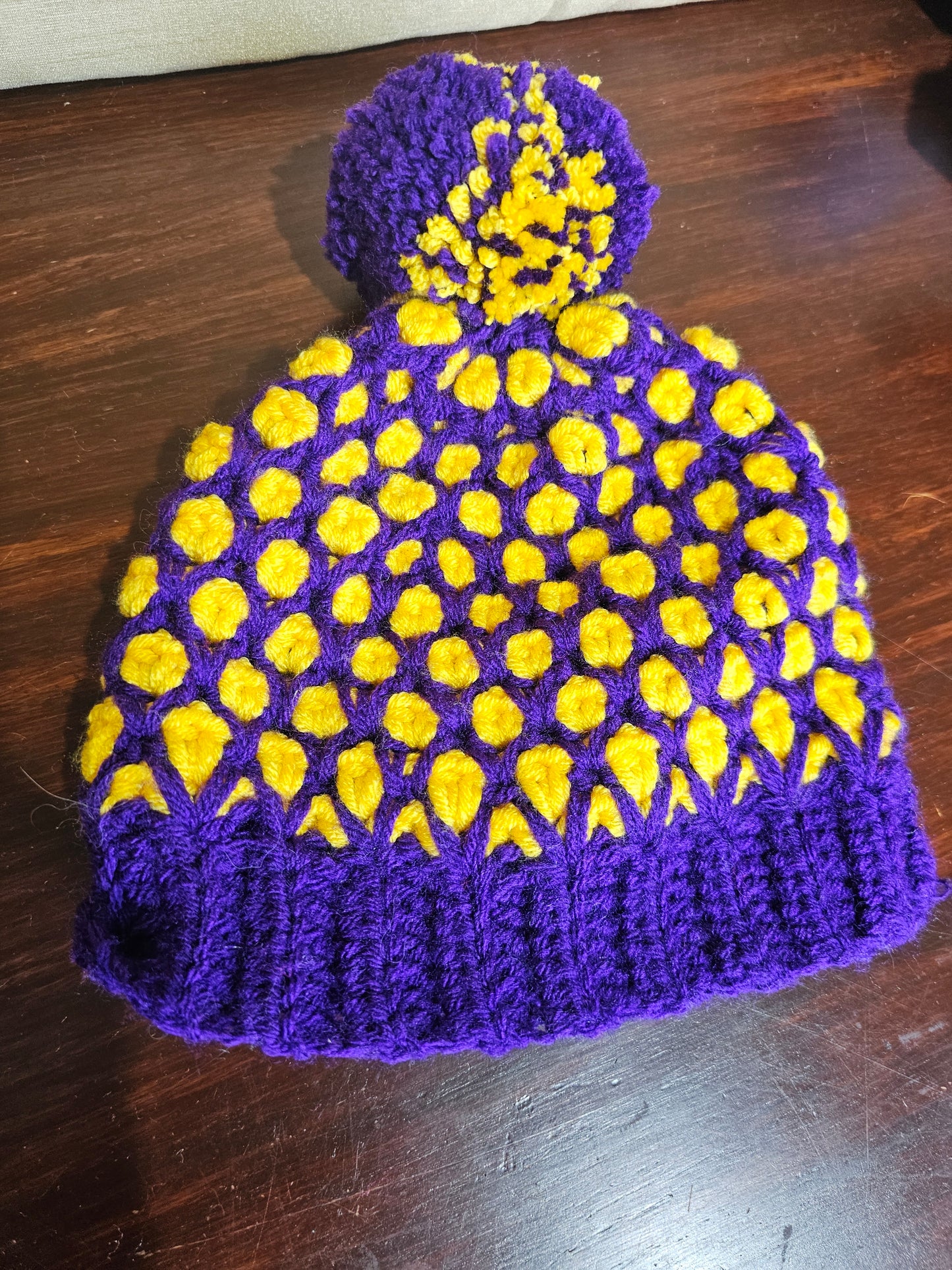 Pom Pom Beanie Diamond Mosaic Crochet