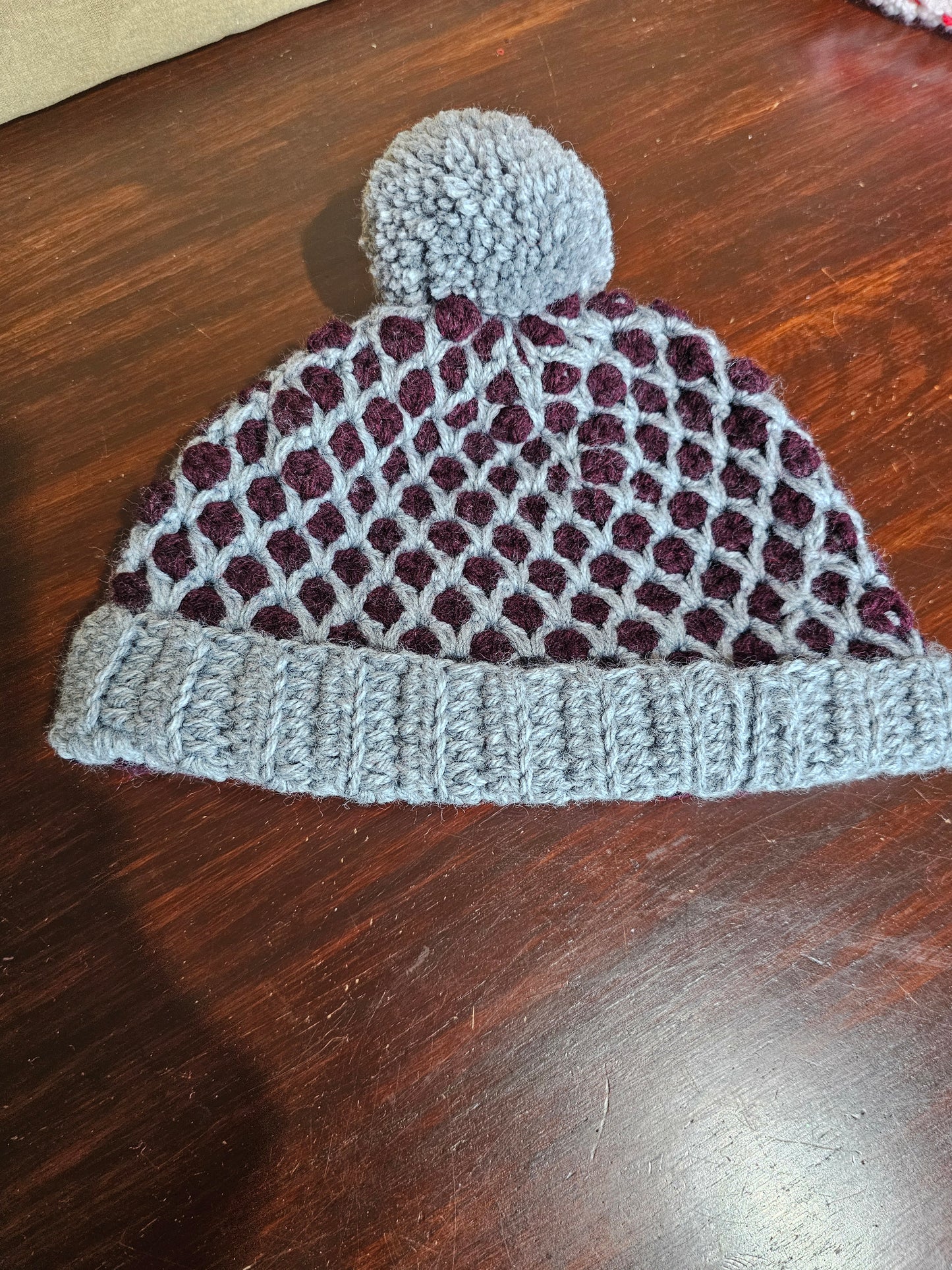 Pom Pom Beanie Diamond Mosaic Crochet