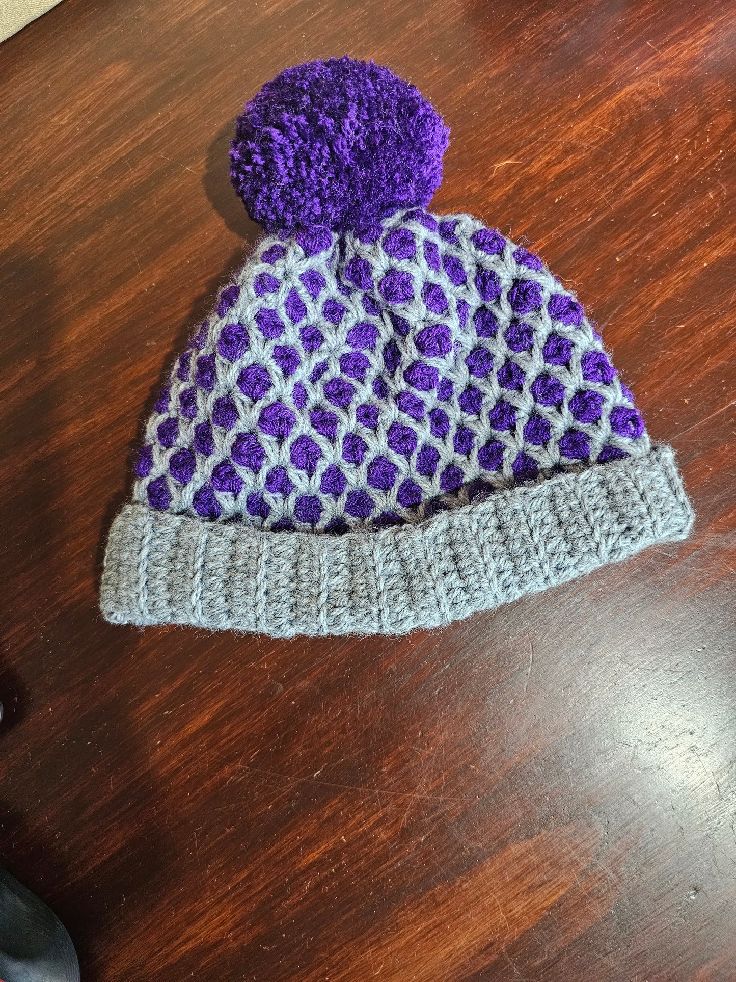 Pom Pom Beanie Diamond Mosaic Crochet