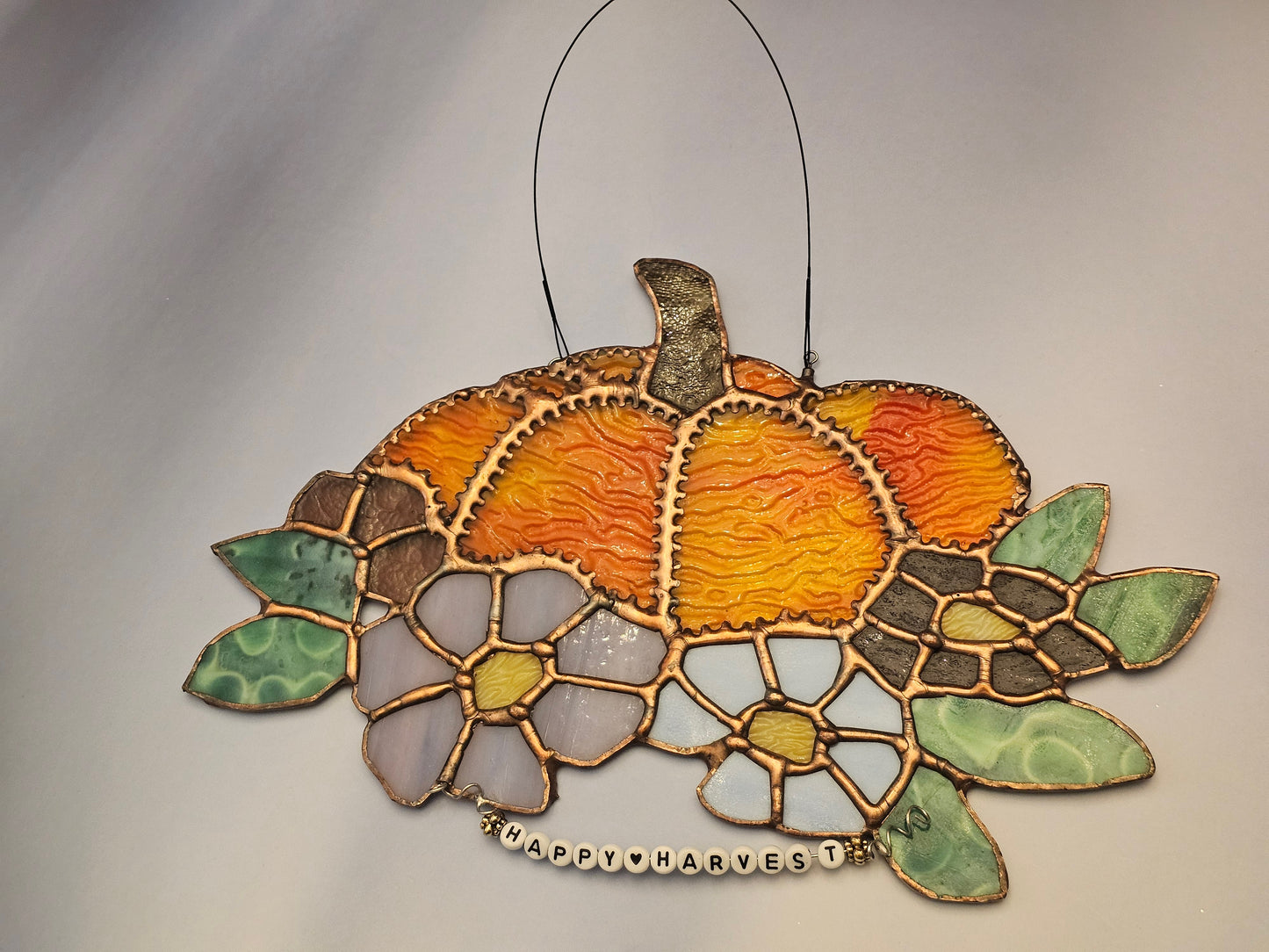Pumpkin and Flowers Stain Glass Suncatcher