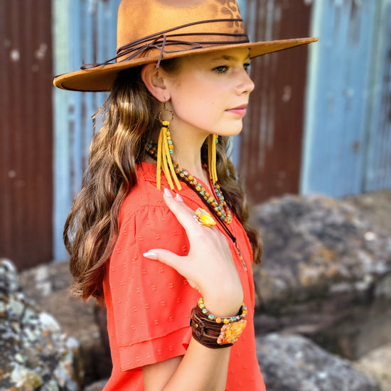 Leather Fringe Earrings with Regalite Sunrise Beads 100L