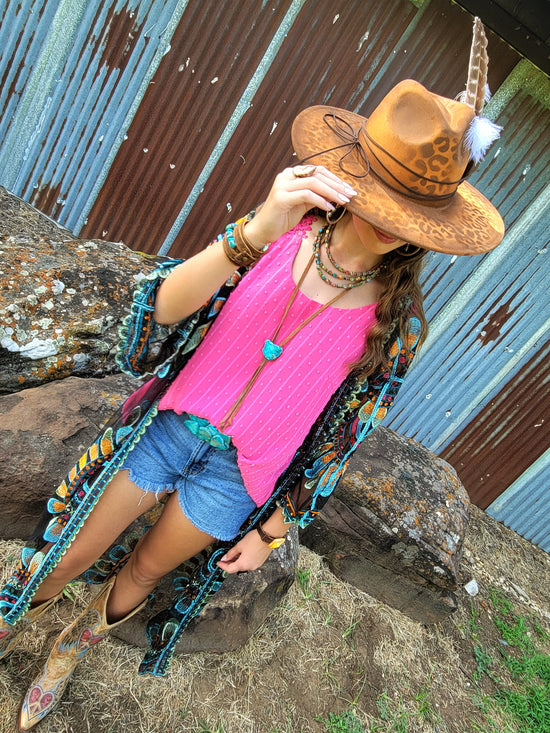 Leather Lariat Boho Necklace w/ Blue Regalite Slab Accent 264f