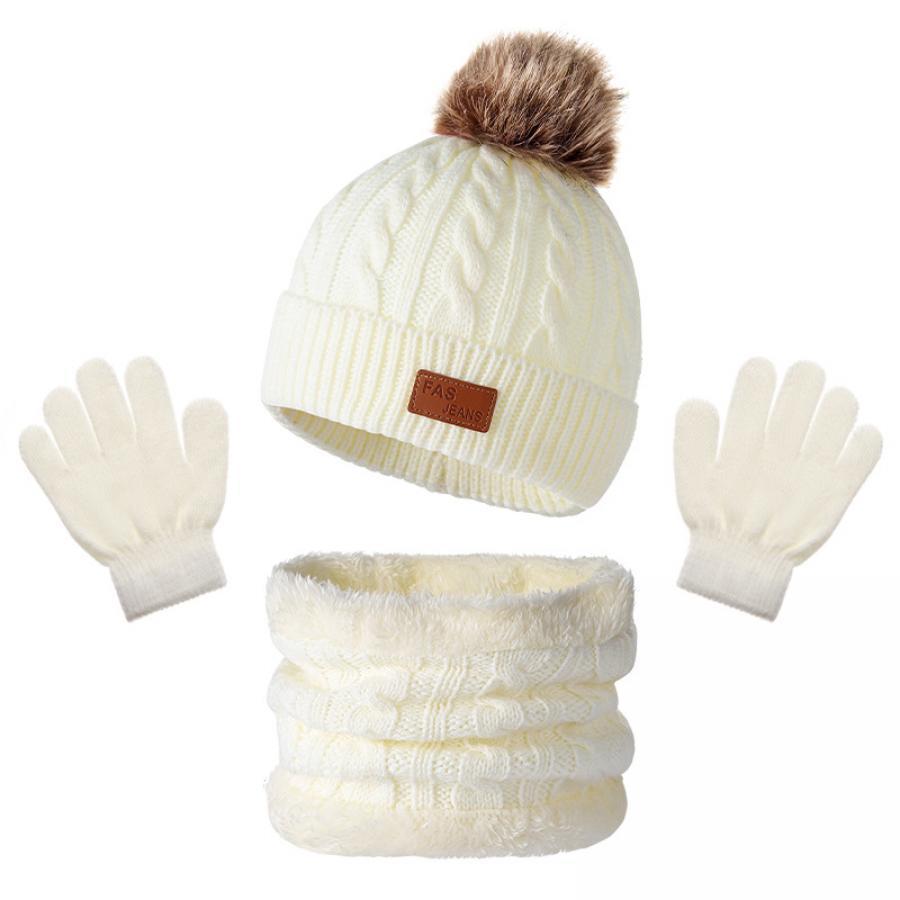 Cozy Youngsters' Beige Knit Hat, Scarf & Gloves Set with Pom-Pom – Soft Acrylic, Warm & Stylish Winter Fashion for Kids