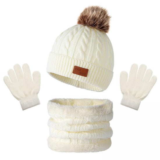 Cozy Youngsters' Beige Knit Hat, Scarf & Gloves Set with Pom-Pom – Soft Acrylic, Warm & Stylish Winter Fashion for Kids