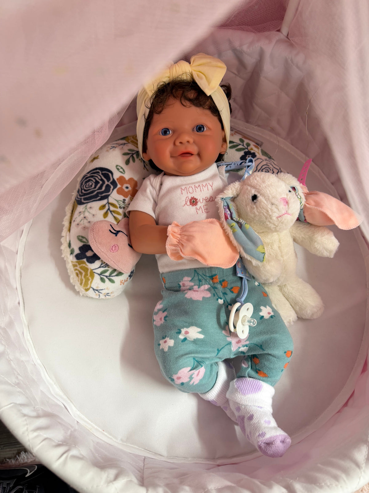 Gracie 17” W/ NEWBORN CURLY HAIR ,CUSTOM MADE Full Body PREMIUM Silicone- No mold seam lines on limbs! TAN Skin, open mouth tat 10-15 days
