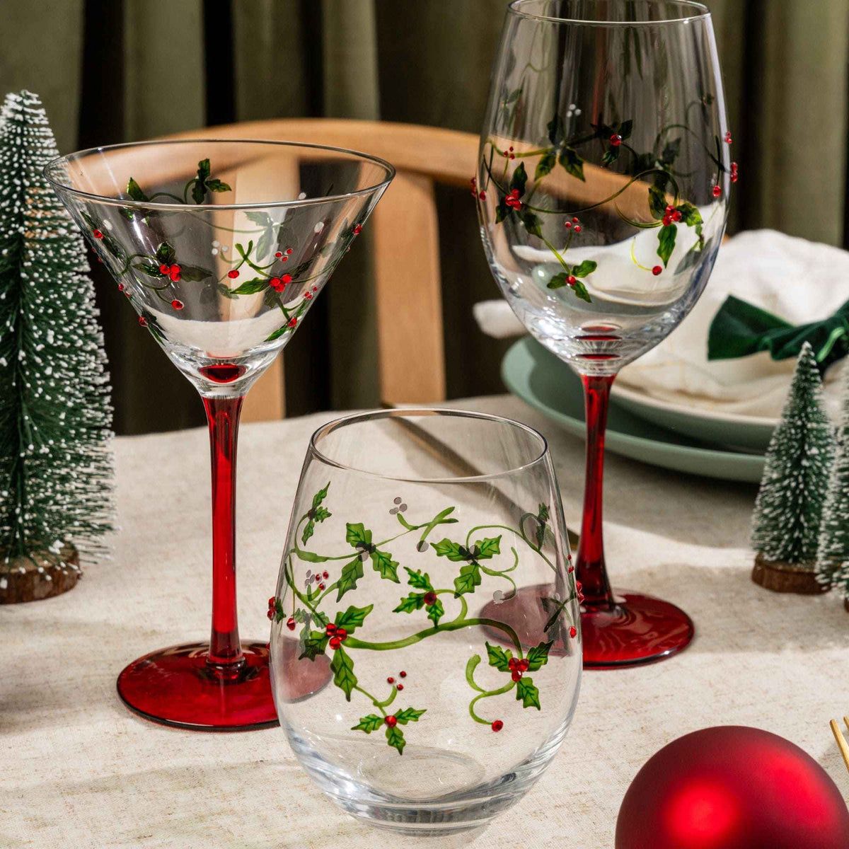 Christmas Holly Stemless Wine Glasses
