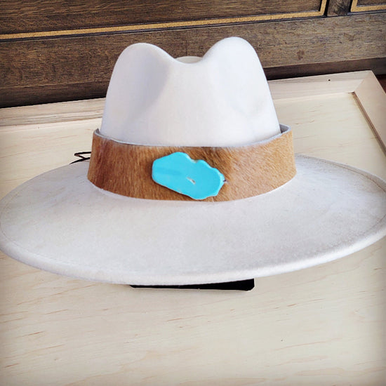 **Wide Leather Hair Hide Tan Hat Band Only w/ Turq 954a