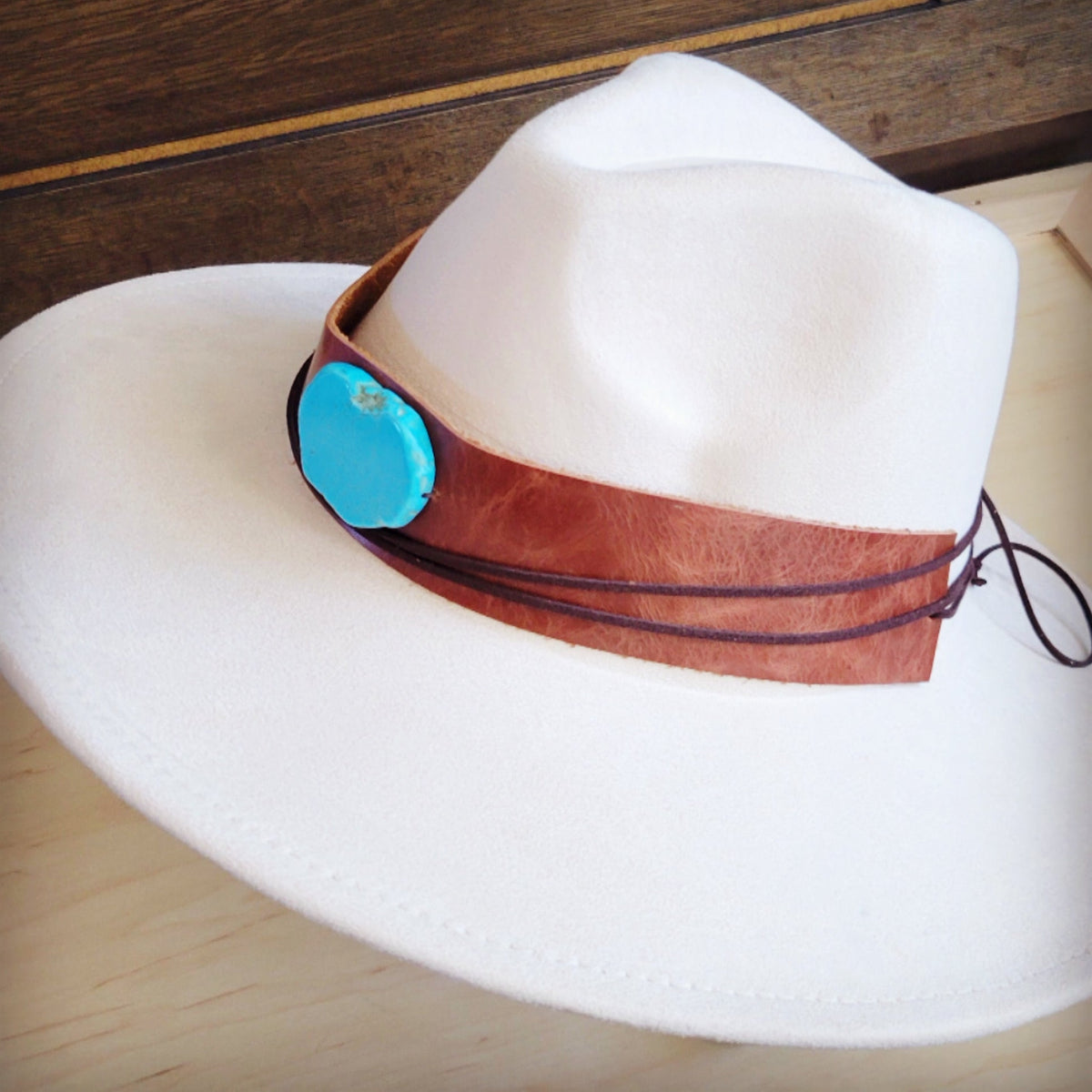 **Wide Genuine Leather Cognac Hat Band Only w/ Turq 954m