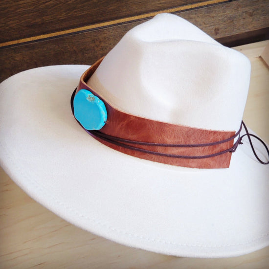 **Wide Genuine Leather Cognac Hat Band Only w/ Turq 954m