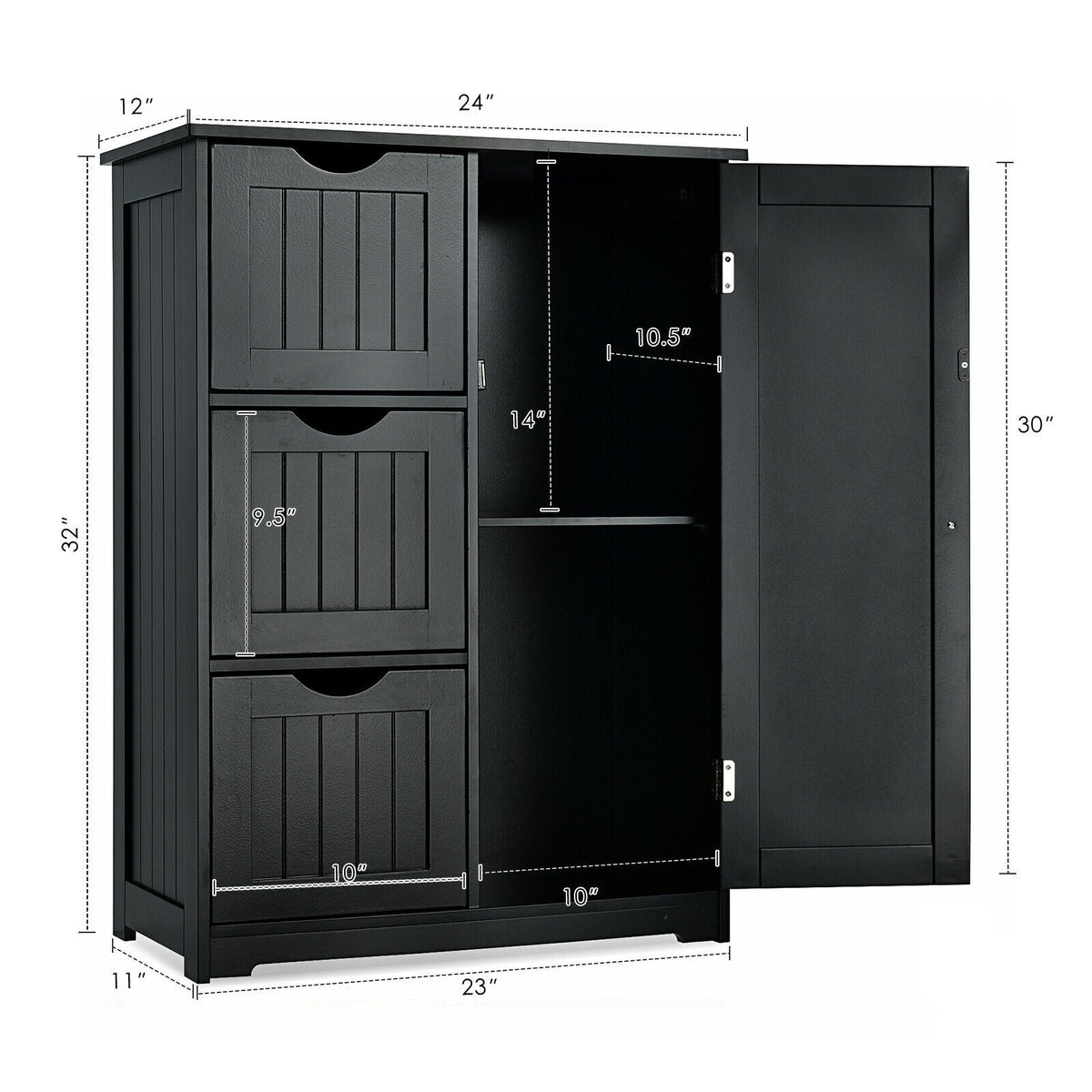 Bathroom Floor Cabinet Side Storage Cabinet with 3 Drawers and 1 Cupboard