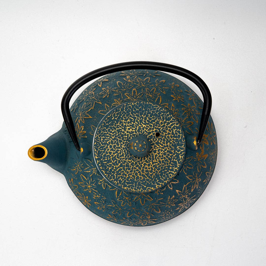 Turquoise Maple Leaves Momiji Design 40oz Cast Iron Tea Pot