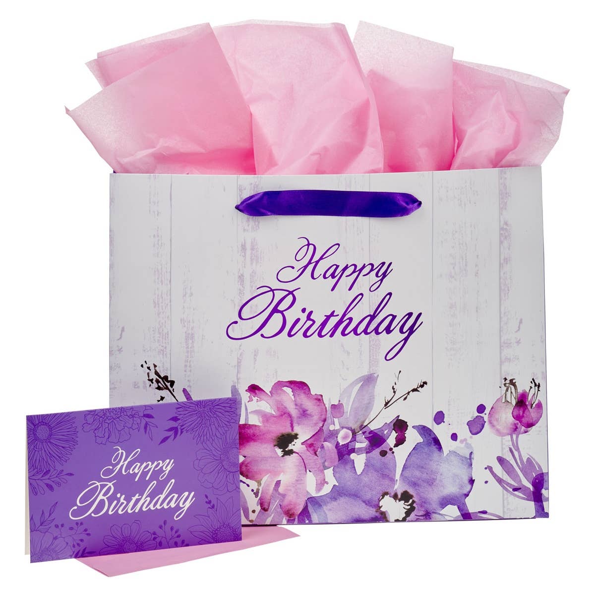 Happy Birthday Purple Floral Large Landscape Gift Bag and Ca