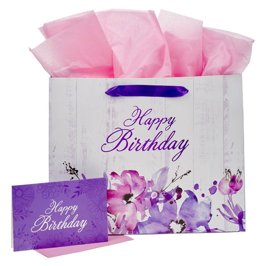Happy Birthday Purple Floral Large Landscape Gift Bag and Ca