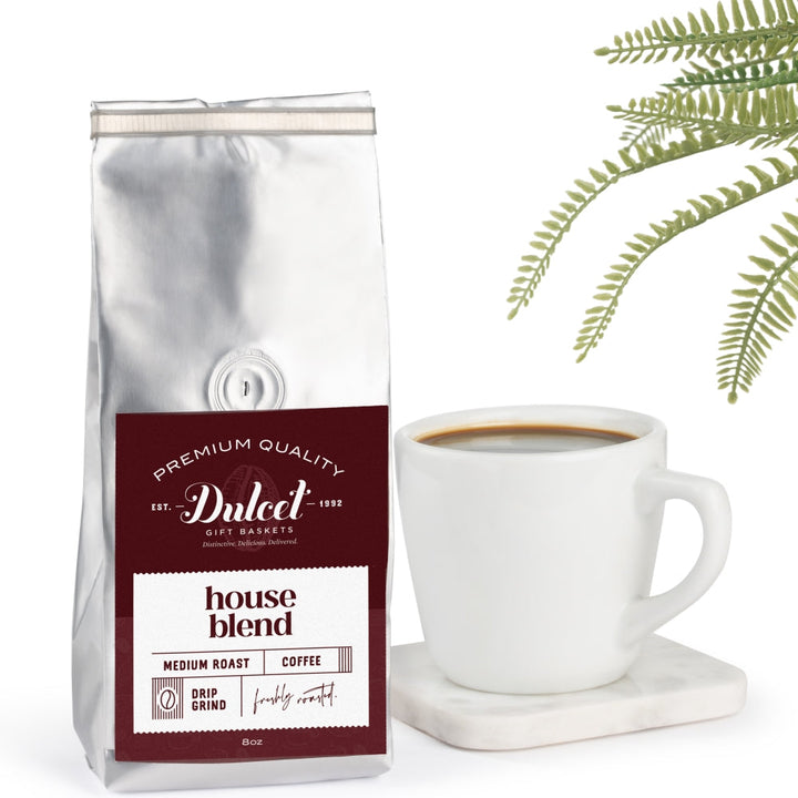 Dulcet Gift Baskets House Blend Medium Roast Coffee 8oz., gourmet gift basket for birthdays, holidays and special occasions from Cedar & Spice Gifts